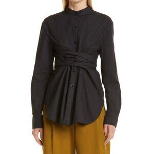 Proenza Schouler White Label Tie Waist Band Collar Shirt Black Cotton
